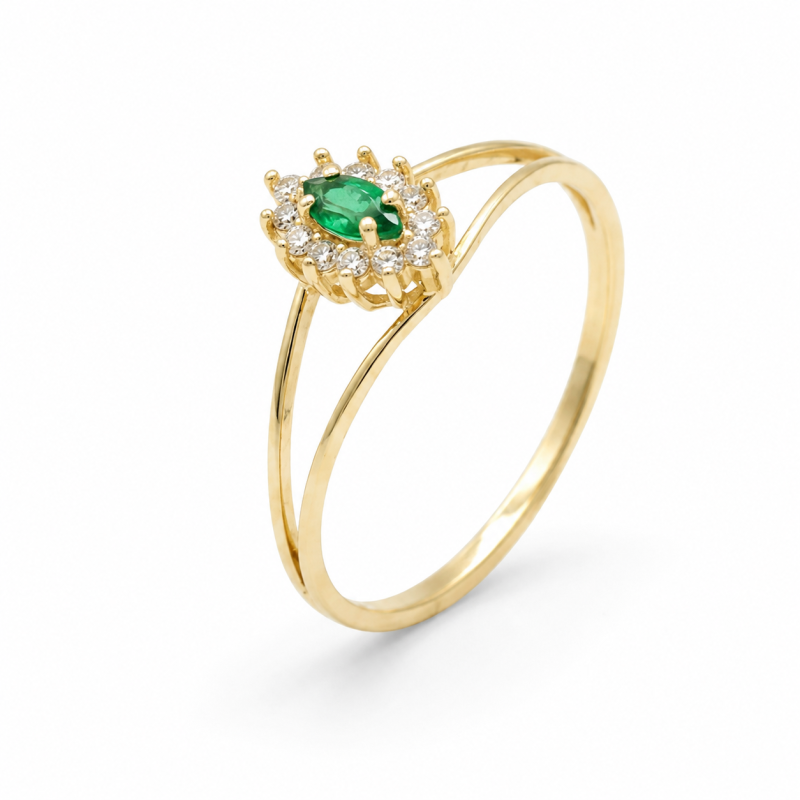 Anel Ouro 10K Zircônias Brancas e Verde