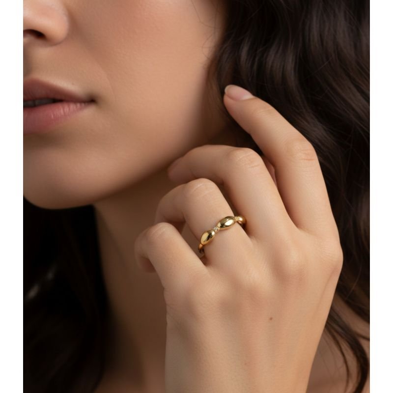 Anel Ouro 18k 3 Gomos Oval com zircônia