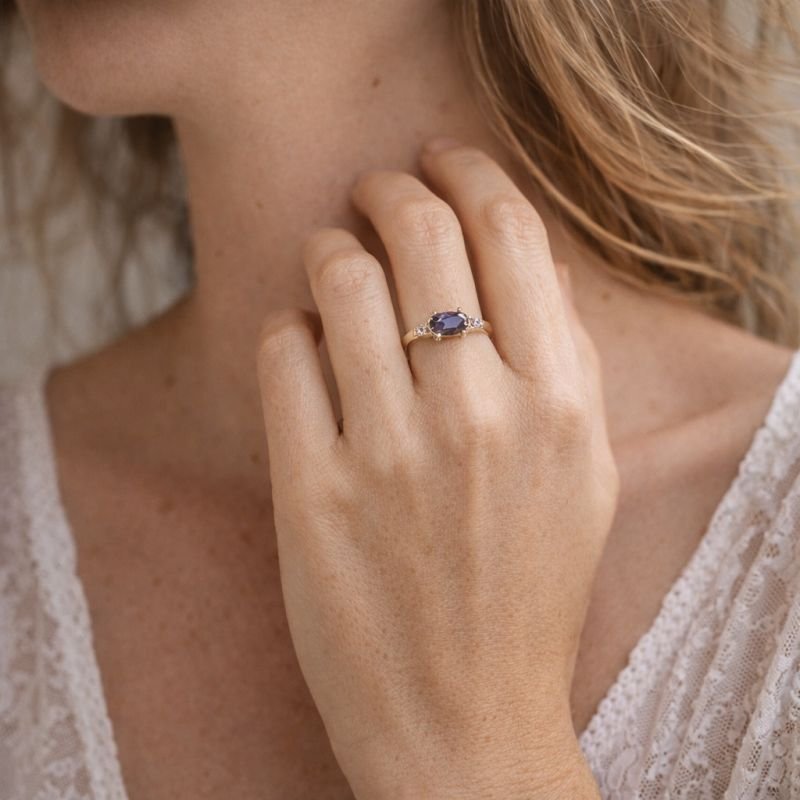 Anel Ouro 18k Zircônia Roxa e Branca