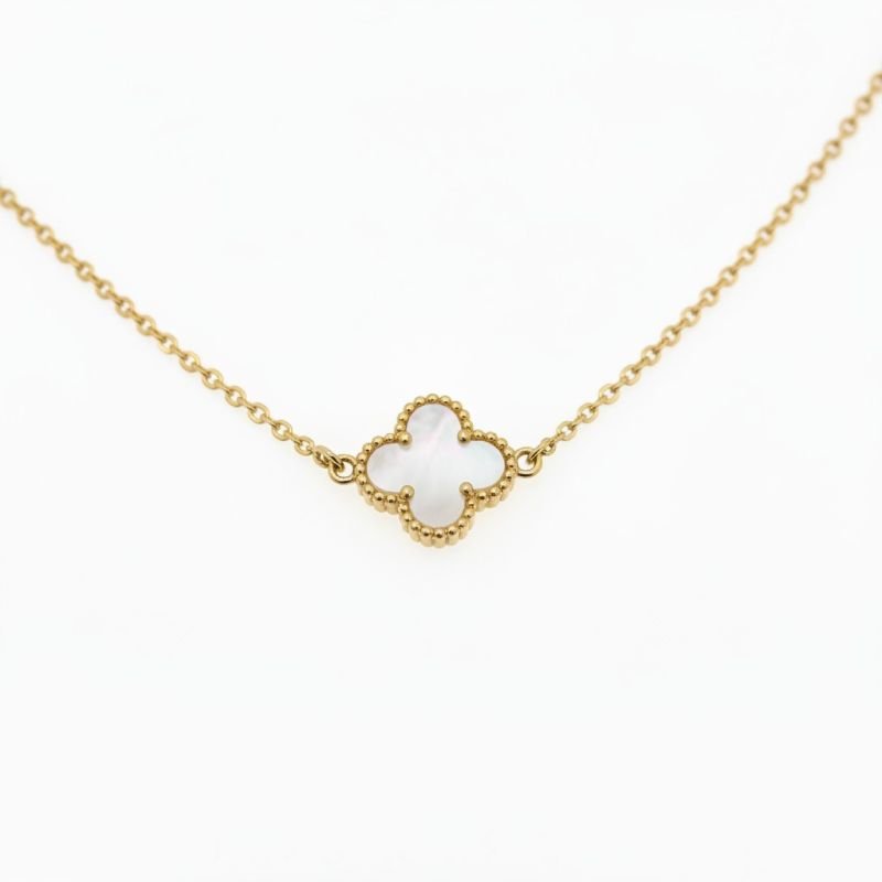 Gargantilha Ouro 18k Elo Português com Trevo Madre Perola Branco Van Cleef