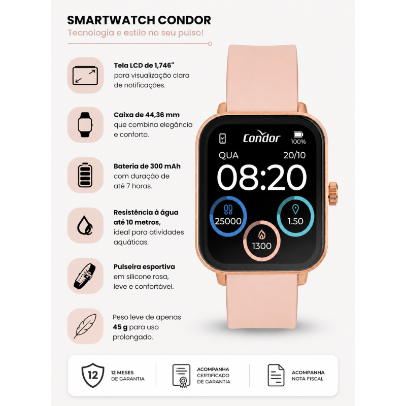 Smartwatch Feminino Condor Pulseira de Silicone Rose