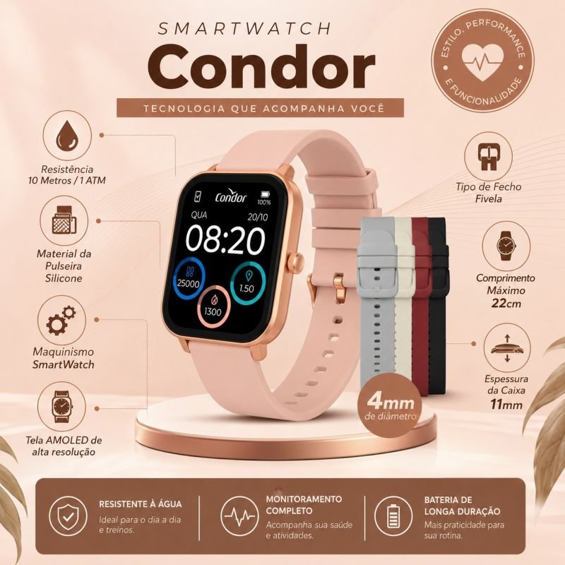 Smartwatch Feminino Rosê Troca Pulseira