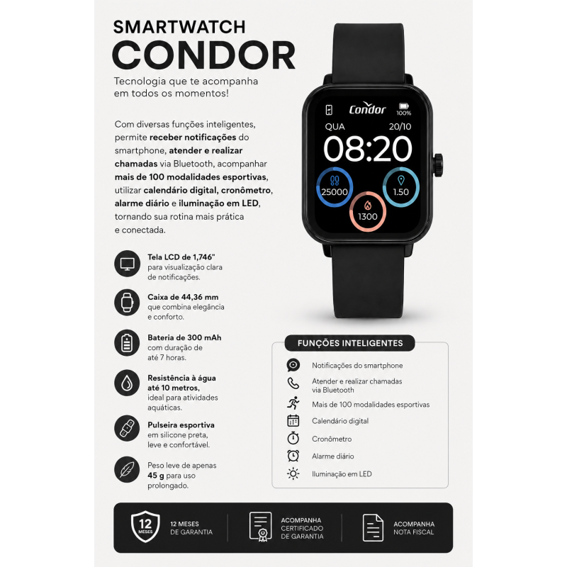 Smartwatch Unissex Condor Pulseira de Silicone Preto